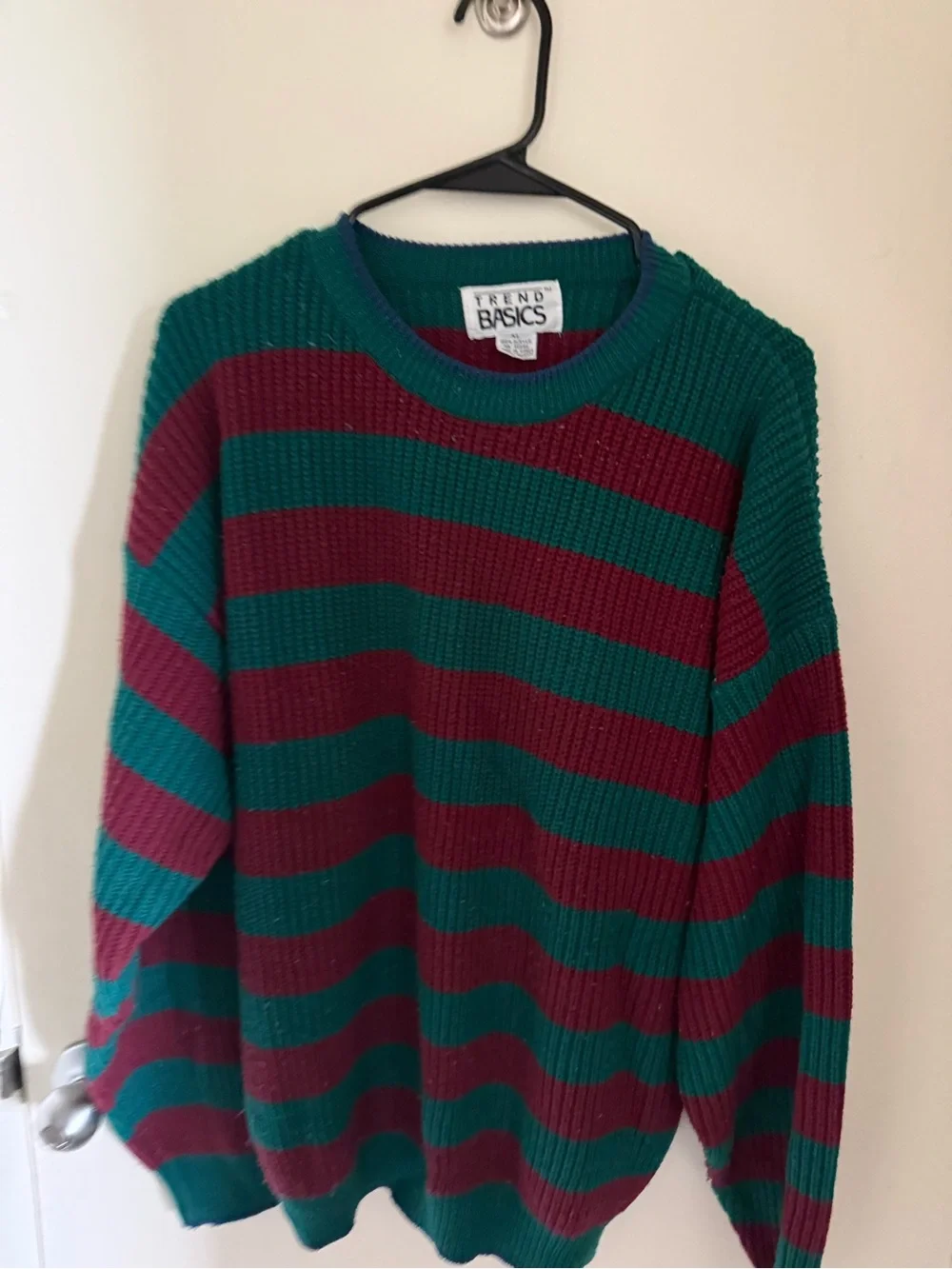 Vintage Men's Green and Burgundy Striped Knit Sweater